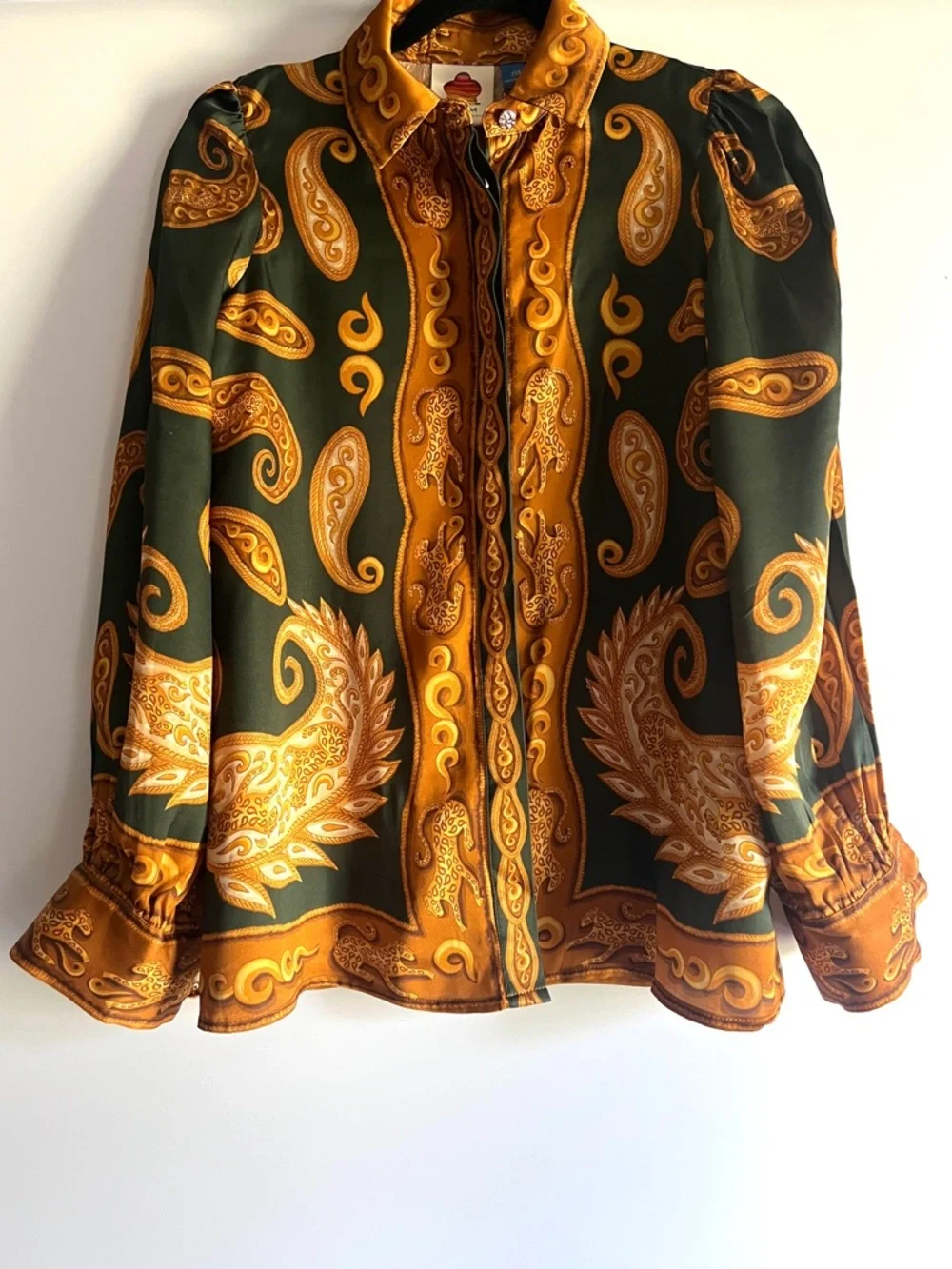 FARM Rio x Anthropologie Gold and Green Paisley Silk Blouse Size XXS NWT